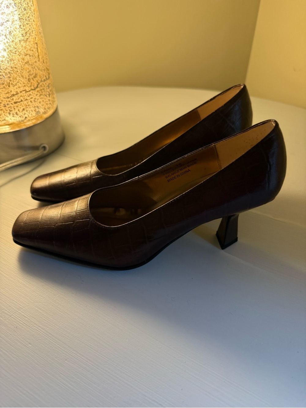 Croc-Embossed Dark Brown Mid Heel Pumps